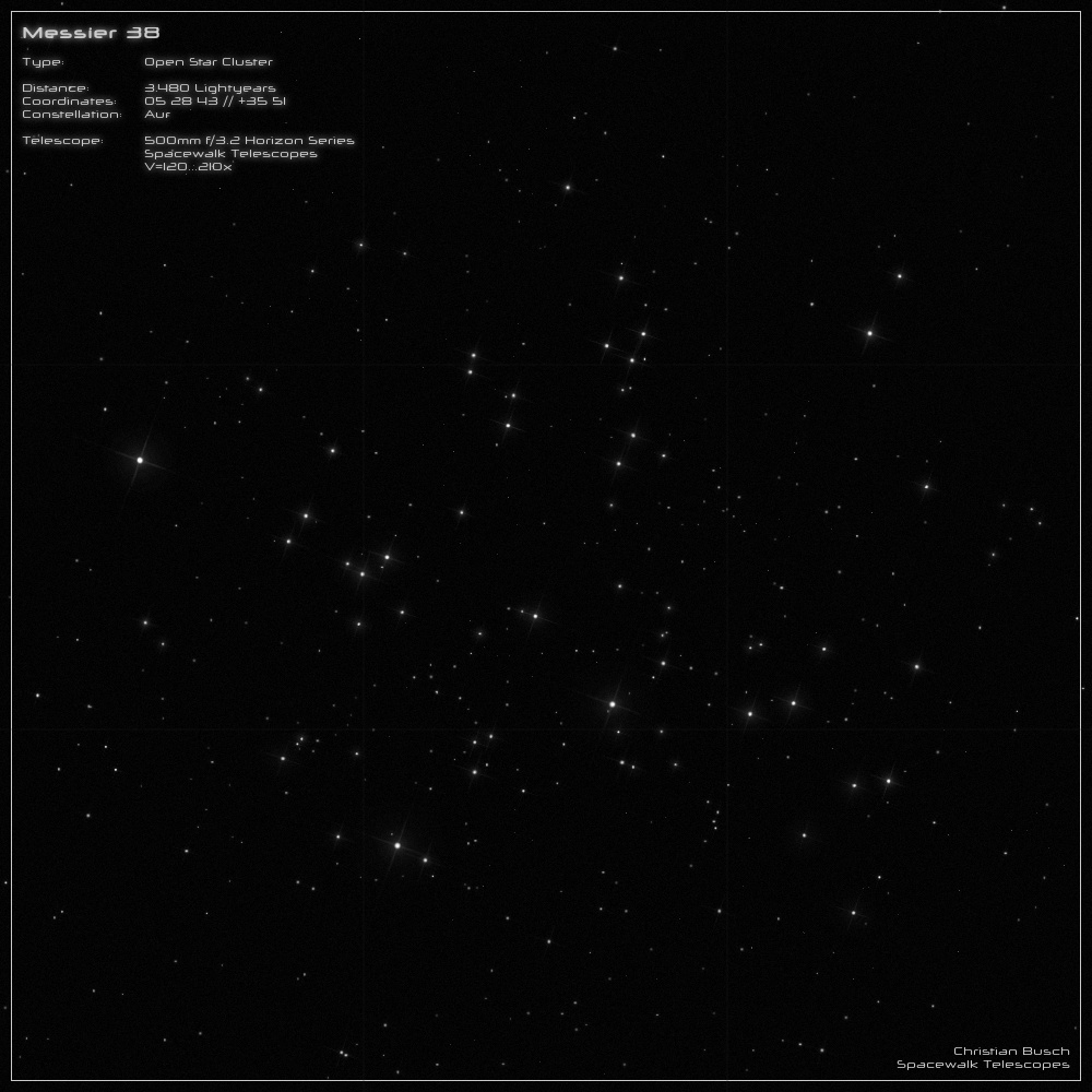 Der offene Sternhaufen Messier 38 im Sternbild Fuhrmann im 20 Zoll Dobson- Teleskop (Spiegelteleskop)