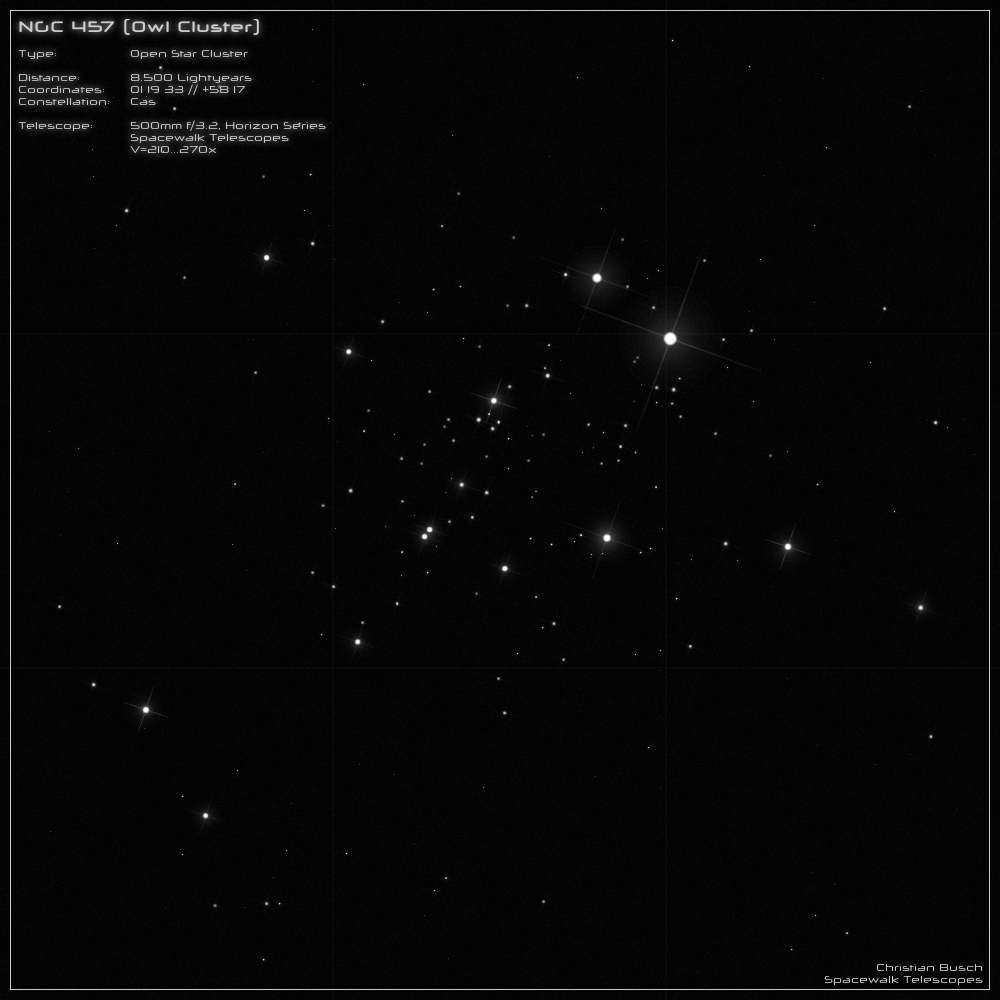 Der Eulen- Sternhaufen NGC 457 im Sternbild Cassiopeia im 20 Zoll Dobson- Teleskop (Spiegelteleskop)