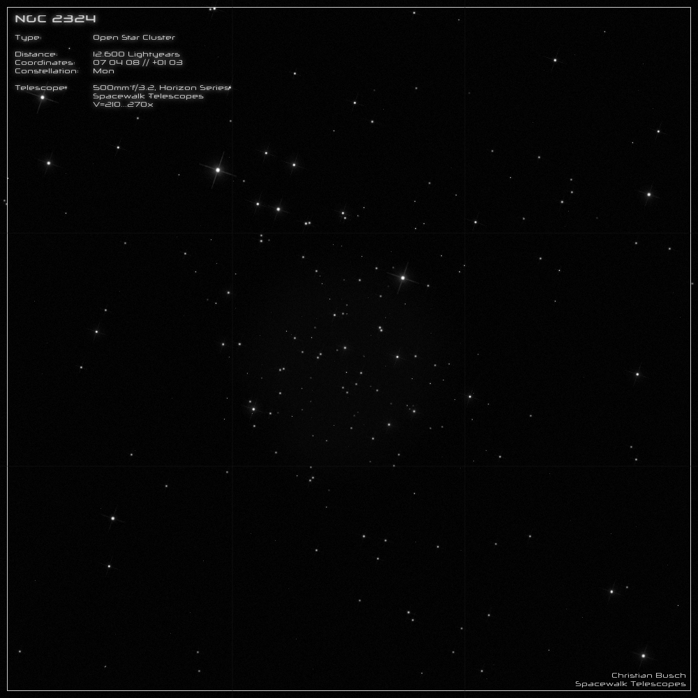 Der offene Sternhaufen NGC 2324 im Sternbild Einhorn im 20 Zoll Dobson- Teleskop (Spiegelteleskop)