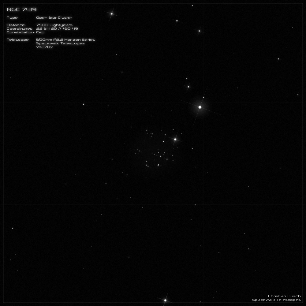 Der offene Sternhaufen NGC 7419 im Sternbild Zwillinge im 20 Zoll Dobson- Teleskop (Spiegelteleskop)