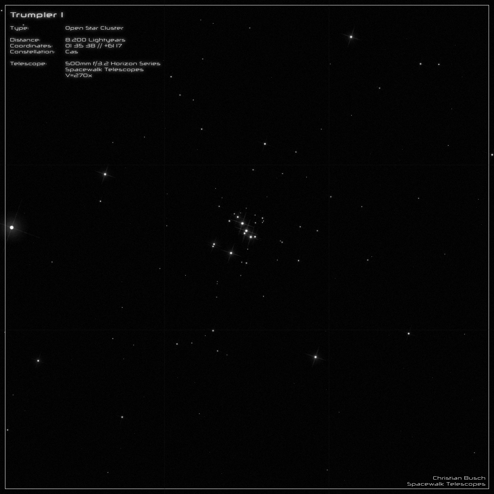 Der Sternhaufen Trumpler 1 im Sternbild Cassiopeia im 20 Zoll Dobson- Teleskop (Spiegelteleskop)